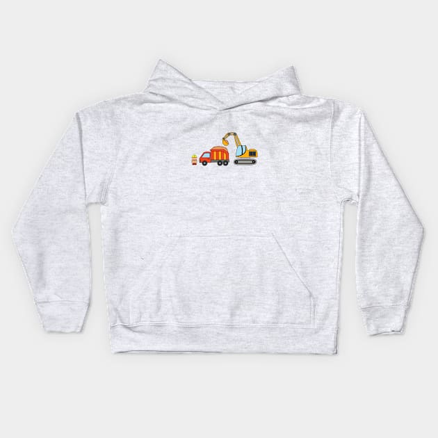 Kids drawing construction set dump truck with excavator and construction worker holding a map Kids Hoodie by wordspotrayal